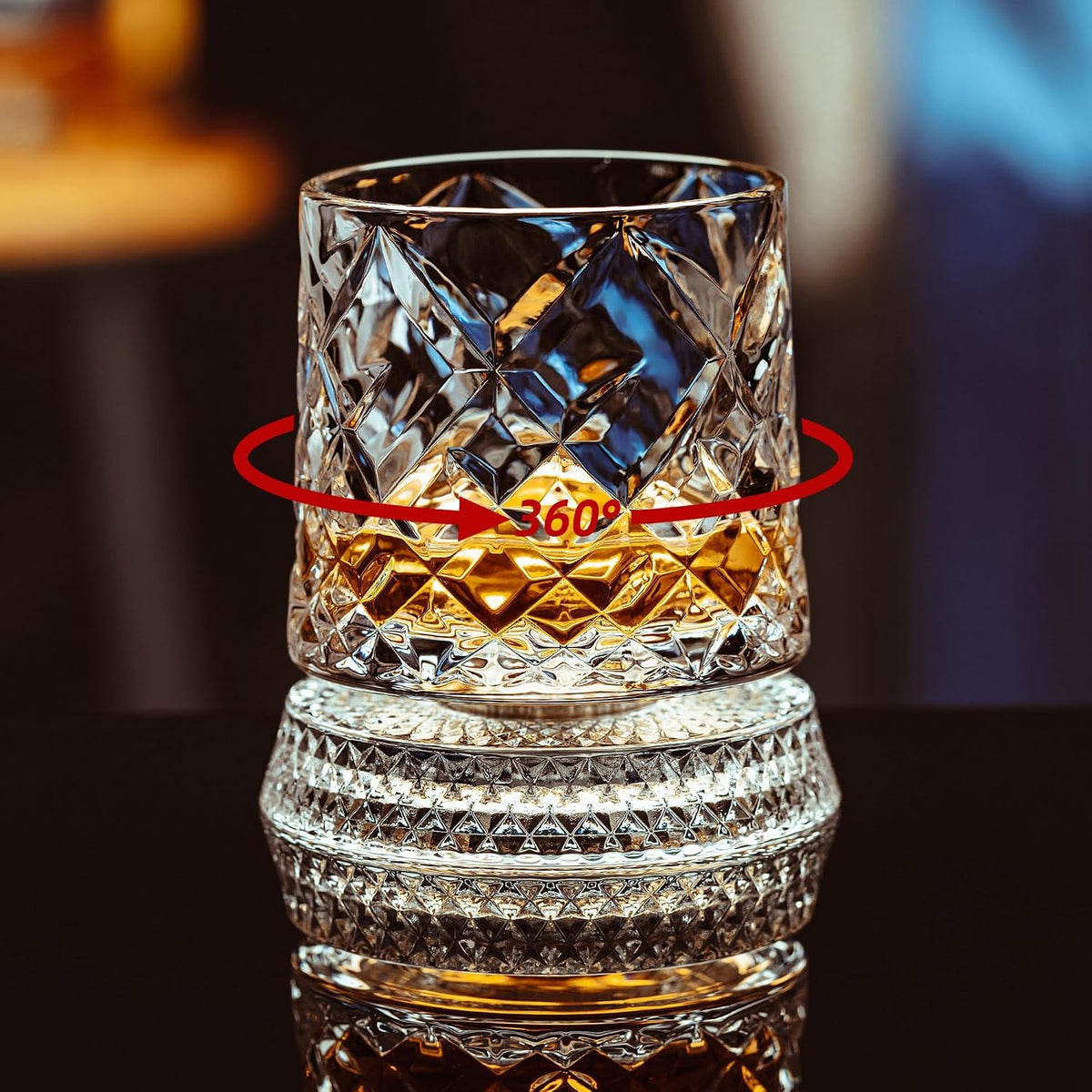 Spinning Whiskey Glasses Set of 4, 9.5 Oz Smooth Rotating Bases, Gift Box