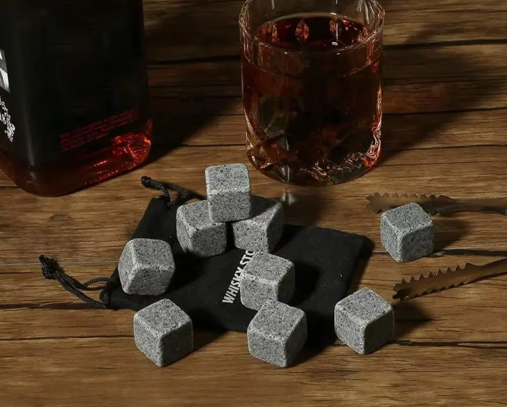9 Piece Granite Whiskey Stones Set - Tongs, Bag, and Wooden Box Included