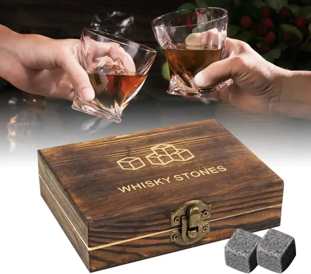 9 Piece Granite Whiskey Stones Set - Tongs, Bag, and Wooden Box Included