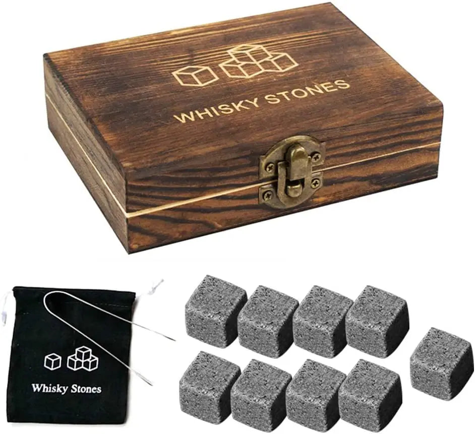9 Piece Granite Whiskey Stones Set - Tongs, Bag, and Wooden Box Included