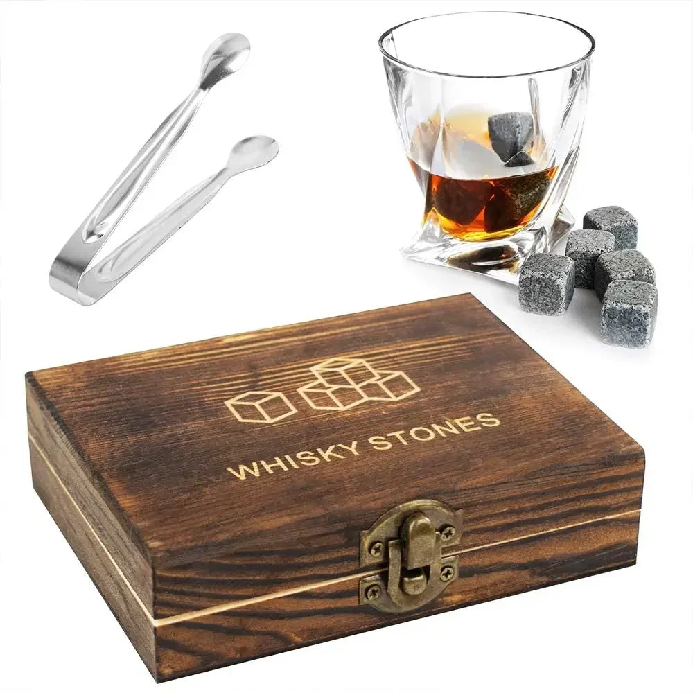 9-Piece Granite Whiskey Stones Set - Tongs, Bag, and Wooden Box Included