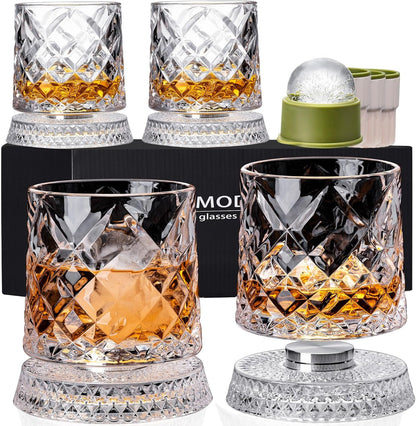 Spinning Whiskey Glasses Set of 4, 9.5 Oz Smooth Rotating Bases, Gift Box