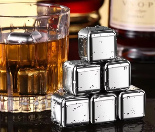6 Piece Stainless Steel Whiskey Stones Set - Tongs and Serving Tray Included