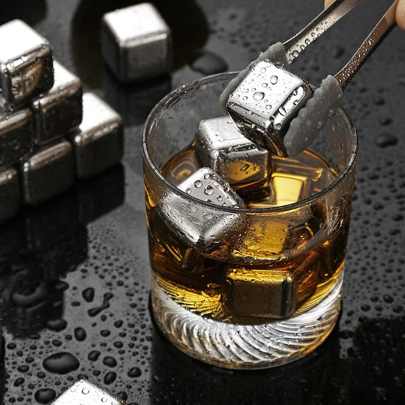6-Piece Stainless Steel Whiskey Stones Set - Tongs and Serving Tray Included
