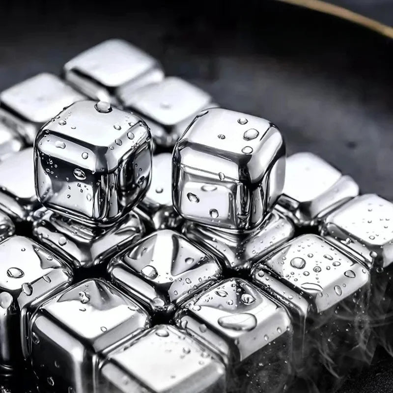 6 Piece Stainless Steel Whiskey Stones Set - Tongs and Serving Tray Included