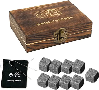 9 Piece Granite Whiskey Stones Set - Tongs, Bag, and Wooden Box Included