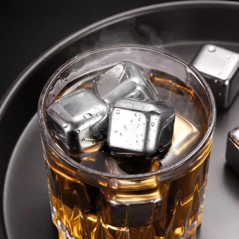 6 Piece Stainless Steel Whiskey Stones Set - Tongs and Serving Tray Included