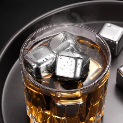 6 Piece Stainless Steel Whiskey Stones Set - Tongs and Serving Tray Included