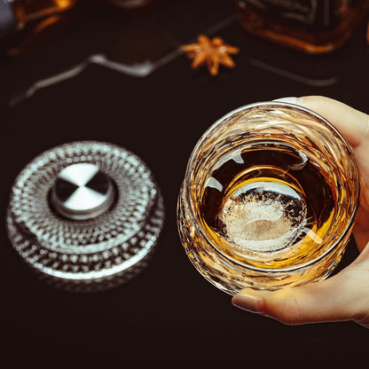 Spinning Whiskey Glasses Set of 4, 9.5 Oz Smooth Rotating Bases, Gift Box