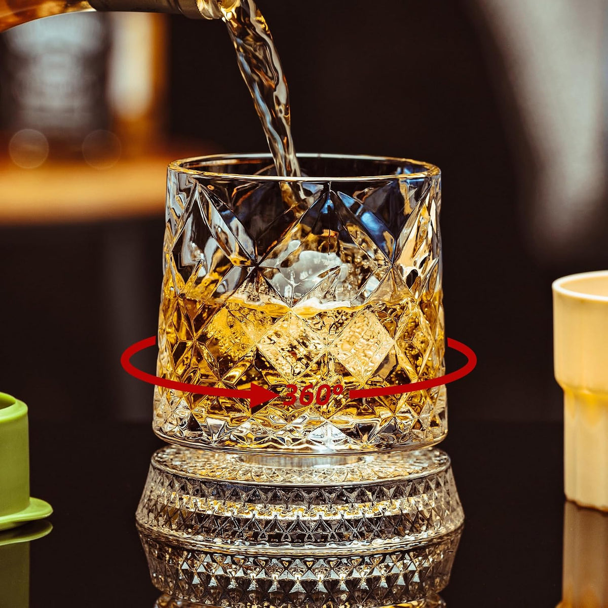 Spinning Whiskey Glasses Set of 4, 9.5 Oz Smooth Rotating Bases, Gift Box