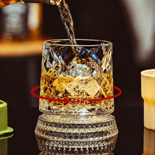 Spinning Whiskey Glasses Set of 4, 9.5 Oz Smooth Rotating Bases, Gift Box