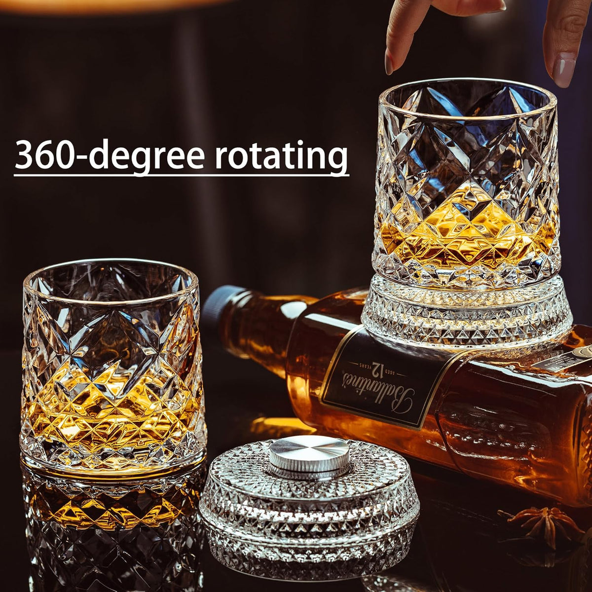 Spinning Whiskey Glasses Set of 4, 9.5 Oz Smooth Rotating Bases, Gift Box
